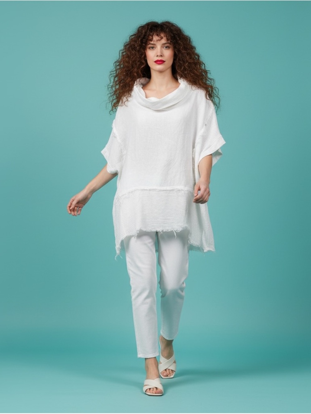Made in Italy White Linen Top Cowl Neck Raw Edge Blouse Size M